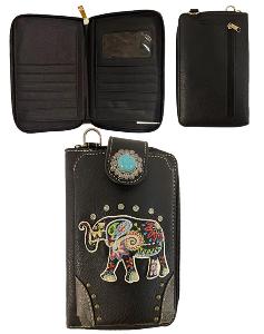 Wholesale Rhinestone Phone Wallet Purse with Elephant Embroidery